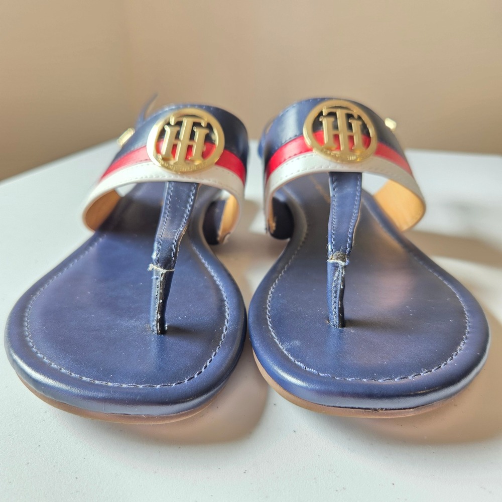 Tommy Hilfiger Jesi Navy Blue Red White Logo‎ Thong Slingback Wedge Sandals 8M - Picture 4 of 9